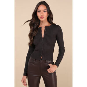 Lulus Perfect Classic Charcoal Ribbed Knit Cardigan Sweater Grey - Size S